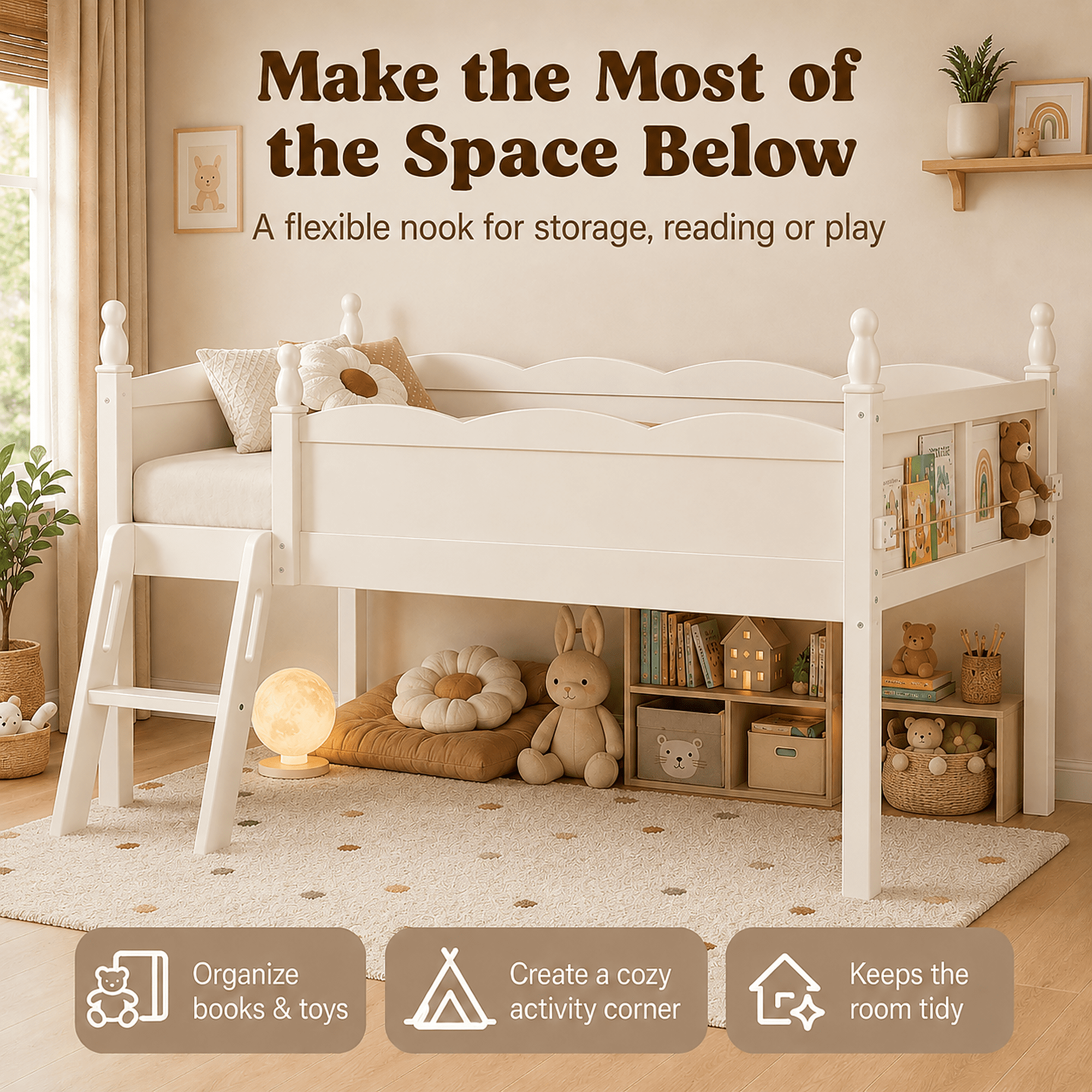 Miniyam Twin Low Loft Bed with Bookshelf and Guardrails, Wood Kids Bed for Bedroom, White