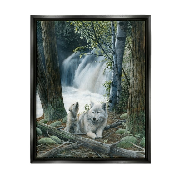 Stupell Industries Wolves by Forest Waterfall Animals & Insects Painting Black Floater Framed Art Print Wall Art, 25 x 31