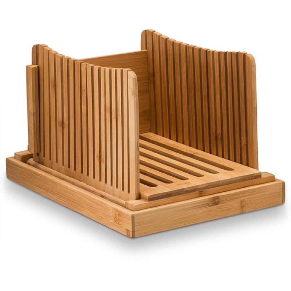 Bamboo Bread Slicer Adjustable Guide with 3 Thickness Size Foldable Compact Chopping Cutting Board with Crumb Tray Catcher Great for Homemade Bread, Cakes, Bagels