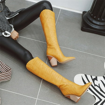 

Tejiojio Clearance Fish Scales Pointed Toe High Boots Autumn And Winter Embossed Wood Grain Thick Heel High Heel Women s Boots
