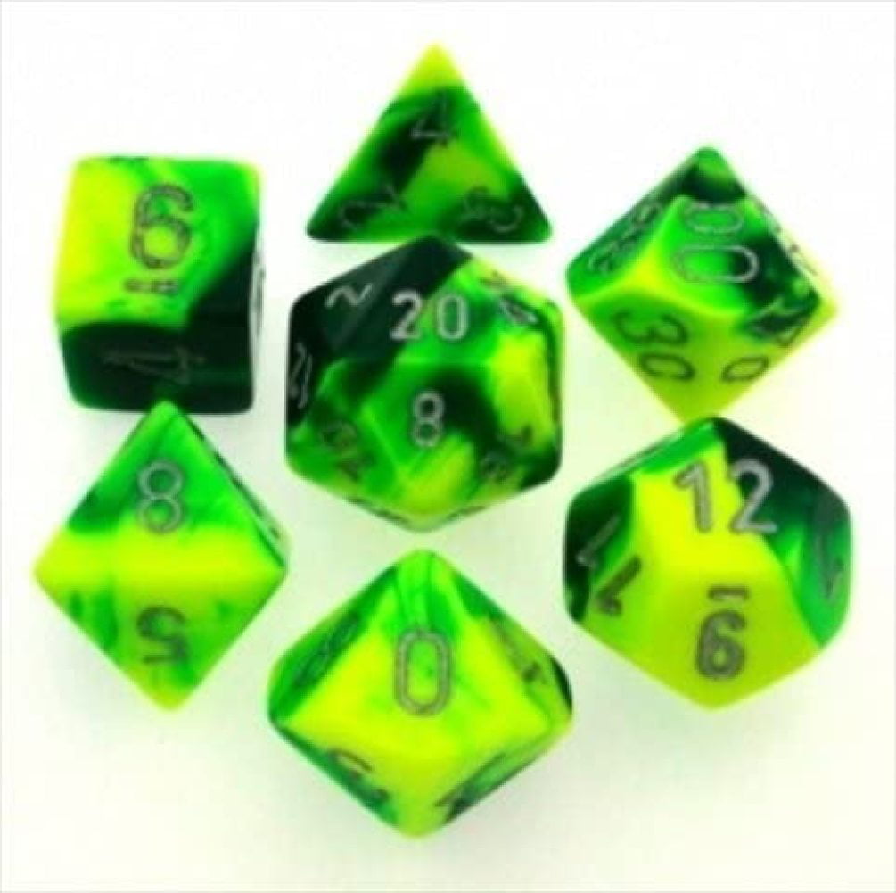 Chessex Manufacturing 26454 Cube Gemini Set Of 7 Dice Green & Yellow With Silver Numbering