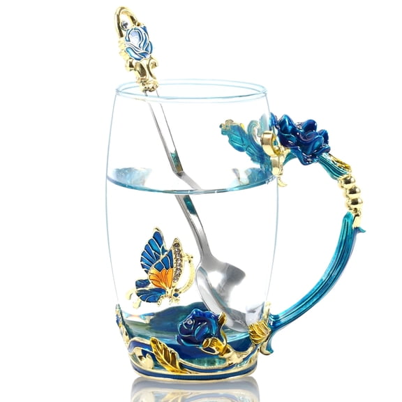 Enamel Glass Tea Cup with Spoon, 12oz/350ml Butterfly Rose Design Mug, Handmade Crystal Glass Coffee Cup for Tea, Water for Valentine’s Day, Mother's Day,Birthday, Wedding Gift