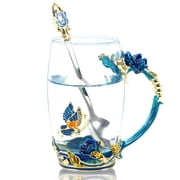 Enamel Glass Tea Cup with Spoon, 12oz/350ml Butterfly Rose Design Mug, Handmade Crystal Glass Coffee Cup for Tea, Water for Valentine’s Day, Mother's Day，Birthday, Wedding Gift