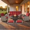 thumbnail image 2 of PARKWELL Patio Furniture Set with Propane Fire Pit Table, 7-Piece Outdoor Sectional Conversation Set, Gray PE Rattan Patio Sofa with Swivel Chairs and Ottomans for Patio Backyard Porch Deck, Red, 2 of 14
