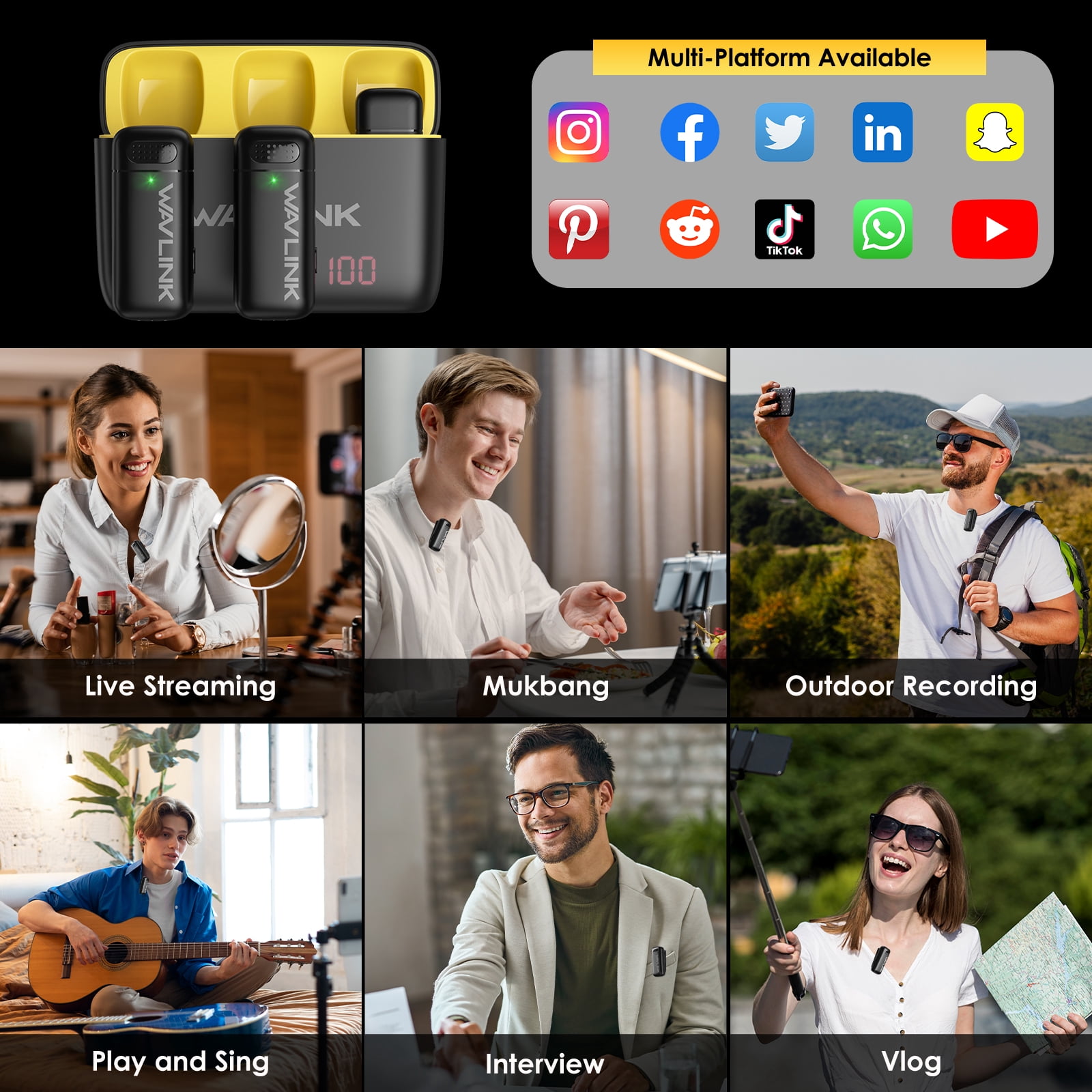 WAVLINK Wireless Mic, Dual Mini Mic with USB Battery Case, Lavalier Microphone for Video Recording