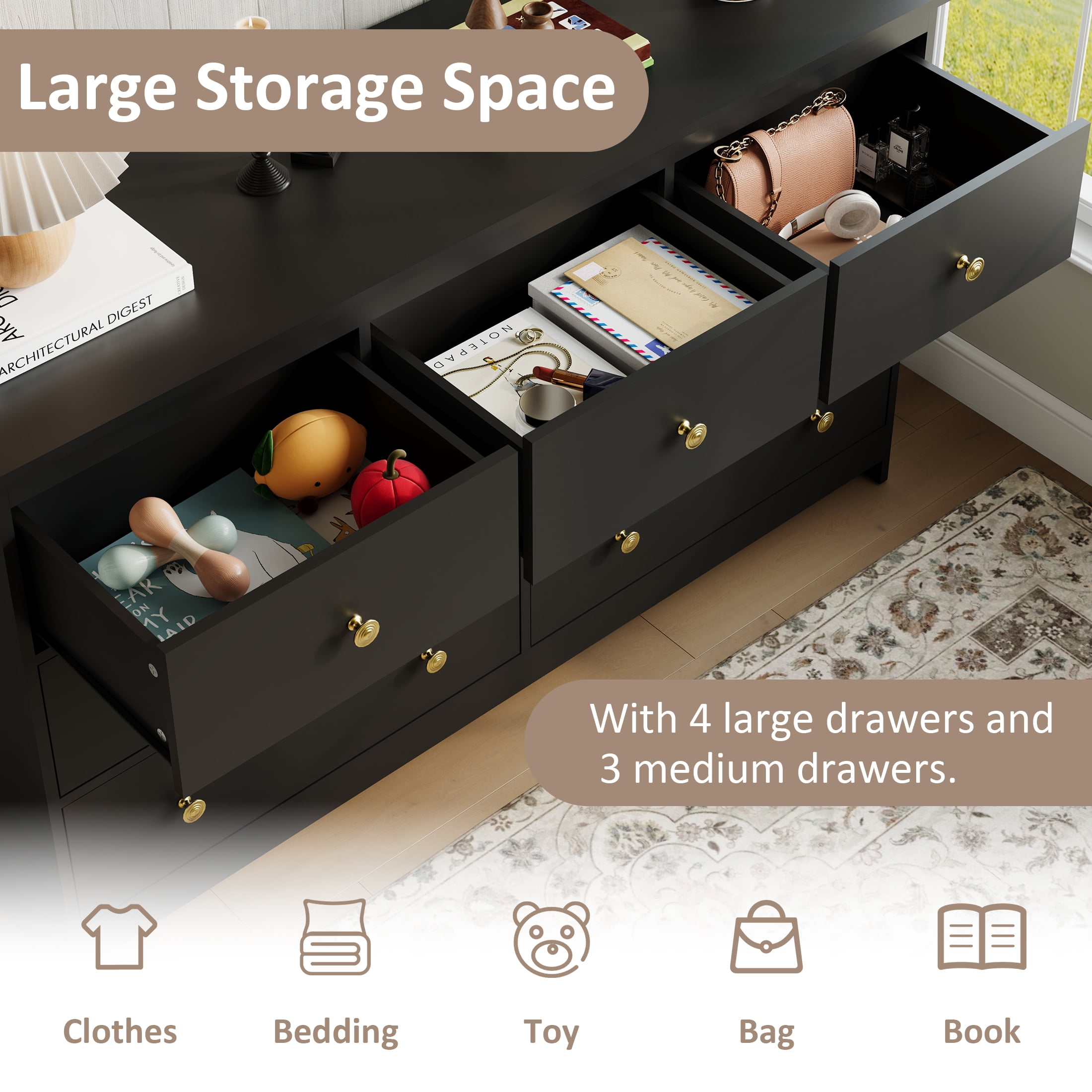 YouTrend 7 Drawer Dresser, Modern Black Chests of Drawers Wood Adult Storage Cabinet for Bedroom Living Room Hallway