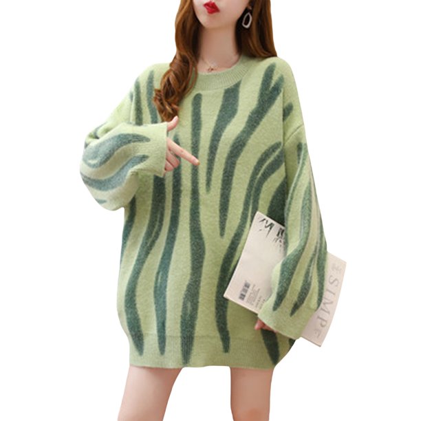 VISgogo Suéter de otoño para mujer, a rayas, cuello redondo, manga larga, tejido, largo, suelto, suéter, tops para niñas, 6 colores VISgogo moda