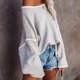 thumbnail image 2 of Suéter de punto con cuello redondo para mujer, manga larga, suelto, con hombros caídos, tops con borde blanco para otoño invierno, caqui M, 2 of 5