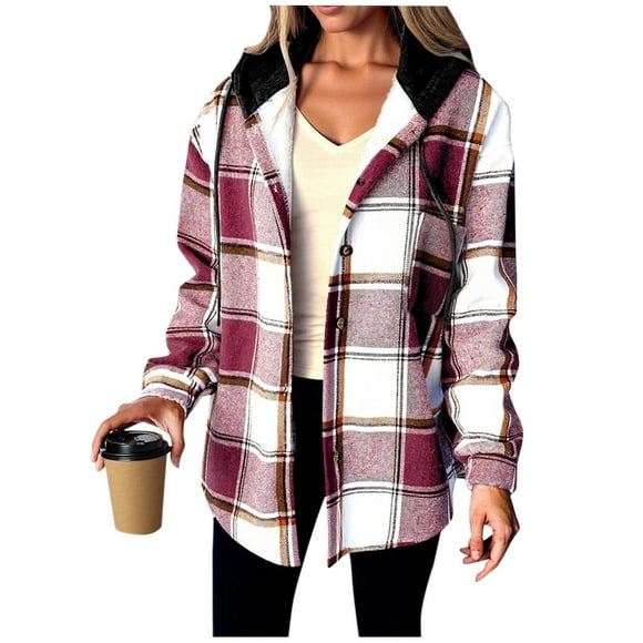 LAJPXKHY Womens Plaid Jacket Shacket Button down Collared Long Sleeve Hooded Fall Casual Fuzzy Fleece Warm Coats Outwear with Pockets
