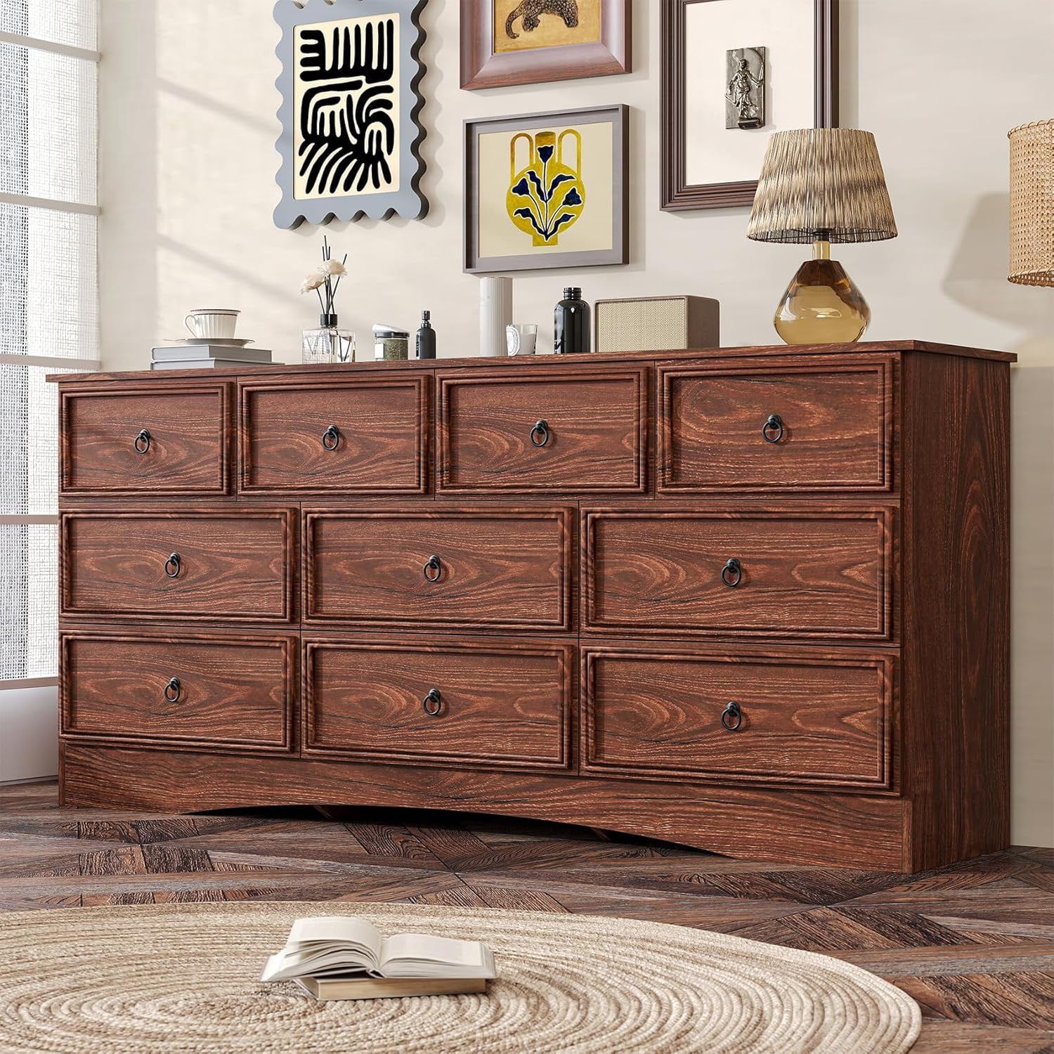 Frmobepts 10 Drawer Dresser for Bedroom, Dresser TV Stand, Chest of Drawers for Storage and Organization, Cherry