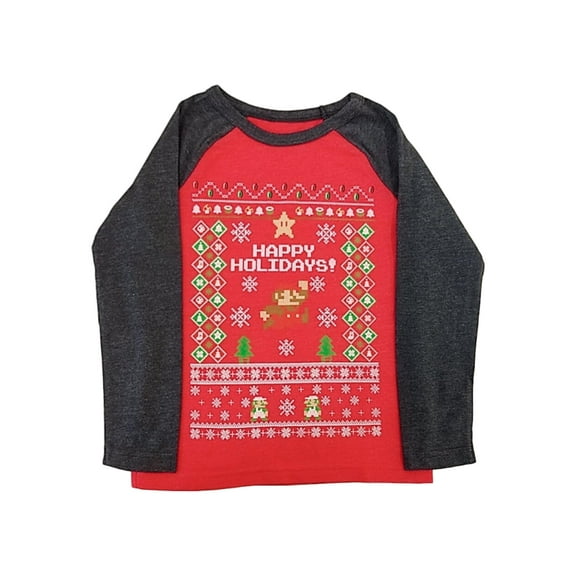 Mario Bros Boys Red Power Up Long Sleeve Christmas Holiday T-Shirt Tee Shirt 6