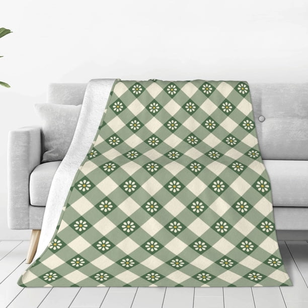 Fotbe Daisy Plaid Green Manta de Franela Acolchonada con Estampado, Súper Suave y Esponjosa, Extra Grande para Sofá, Cama, Uso Todo el Año-50"x40"