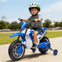 Blue 12V Kids Ride On Motorcycle Dirt Bike with Training Wheels, Music,Spring Suspension
