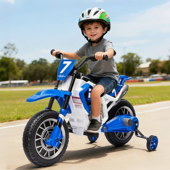 Blue 12V Kids Ride On Motorcycle Dirt Bike with Training Wheels, Music,Spring Suspension