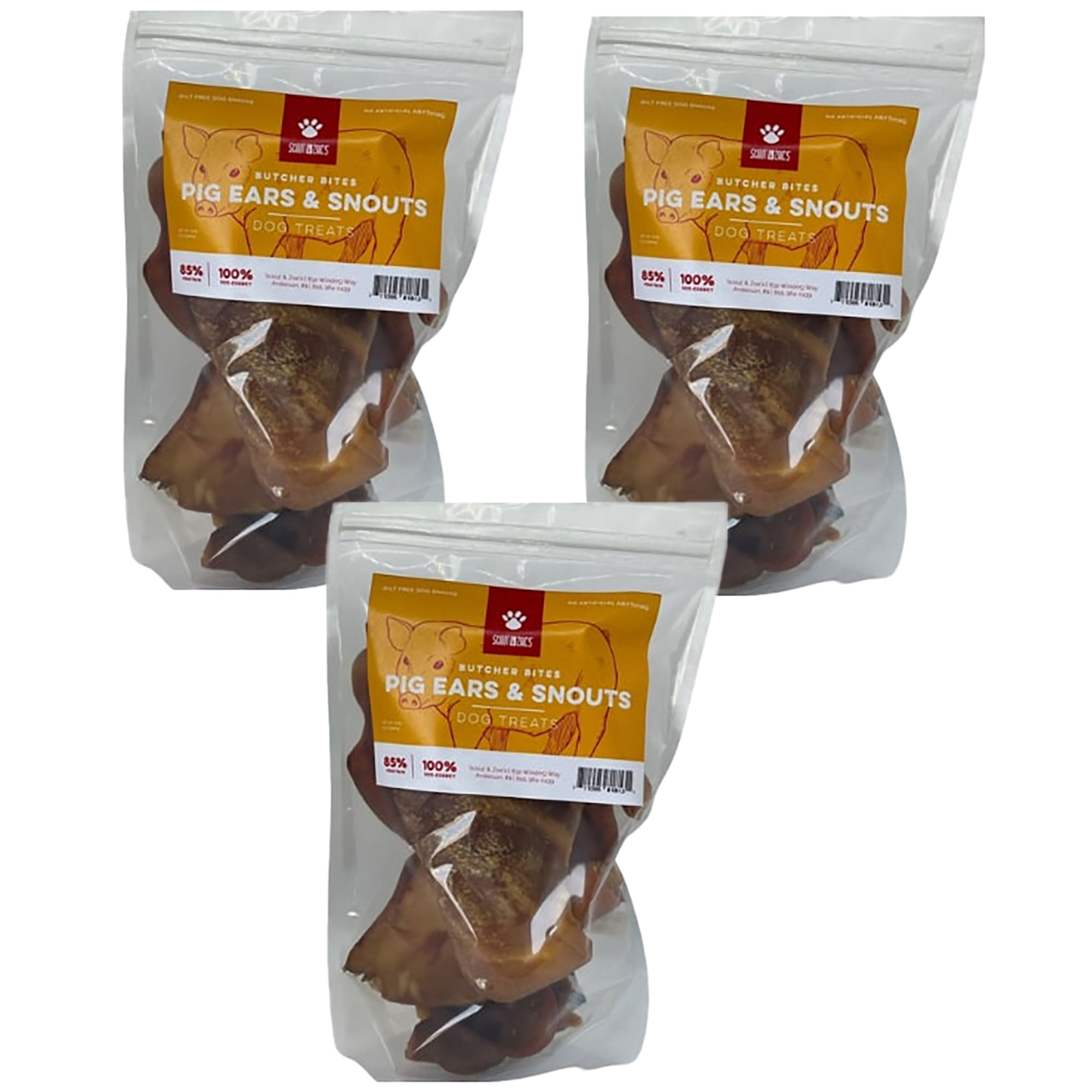 Scout & Zoe's: Pig Ears & Snouts - 3 Packs, 4oz Bags - Dog Treats, Crunchy Butcher Bites, High-Protein Low-Fat Chews, Savory Pet Snack, USA Sourced