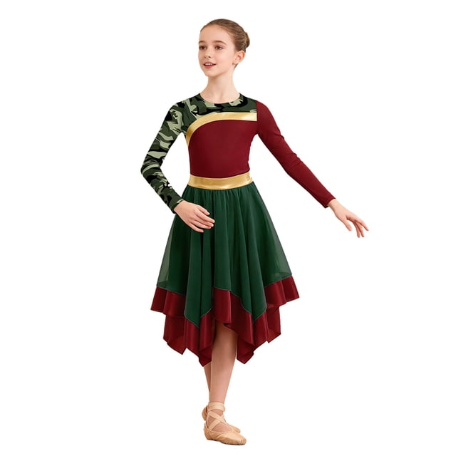 inlzdz Robe de Danse Imprimée pour Filles Manches Longues Bloc de Couleur Asymétrique Liturgique Robe d'Église Bourgogne Vert Armée 12