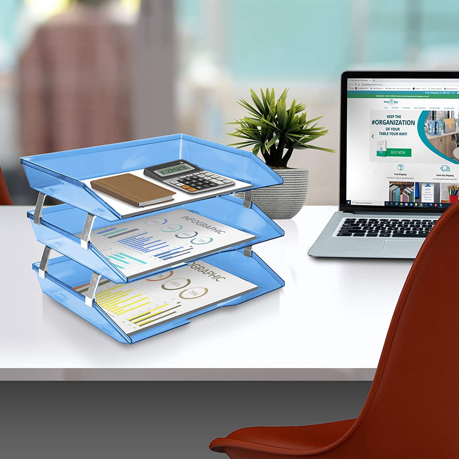 Acrimet Facility 3 Tier Letter Tray Side Load Plastic Desktop File Organizer (Clear Blue Color)