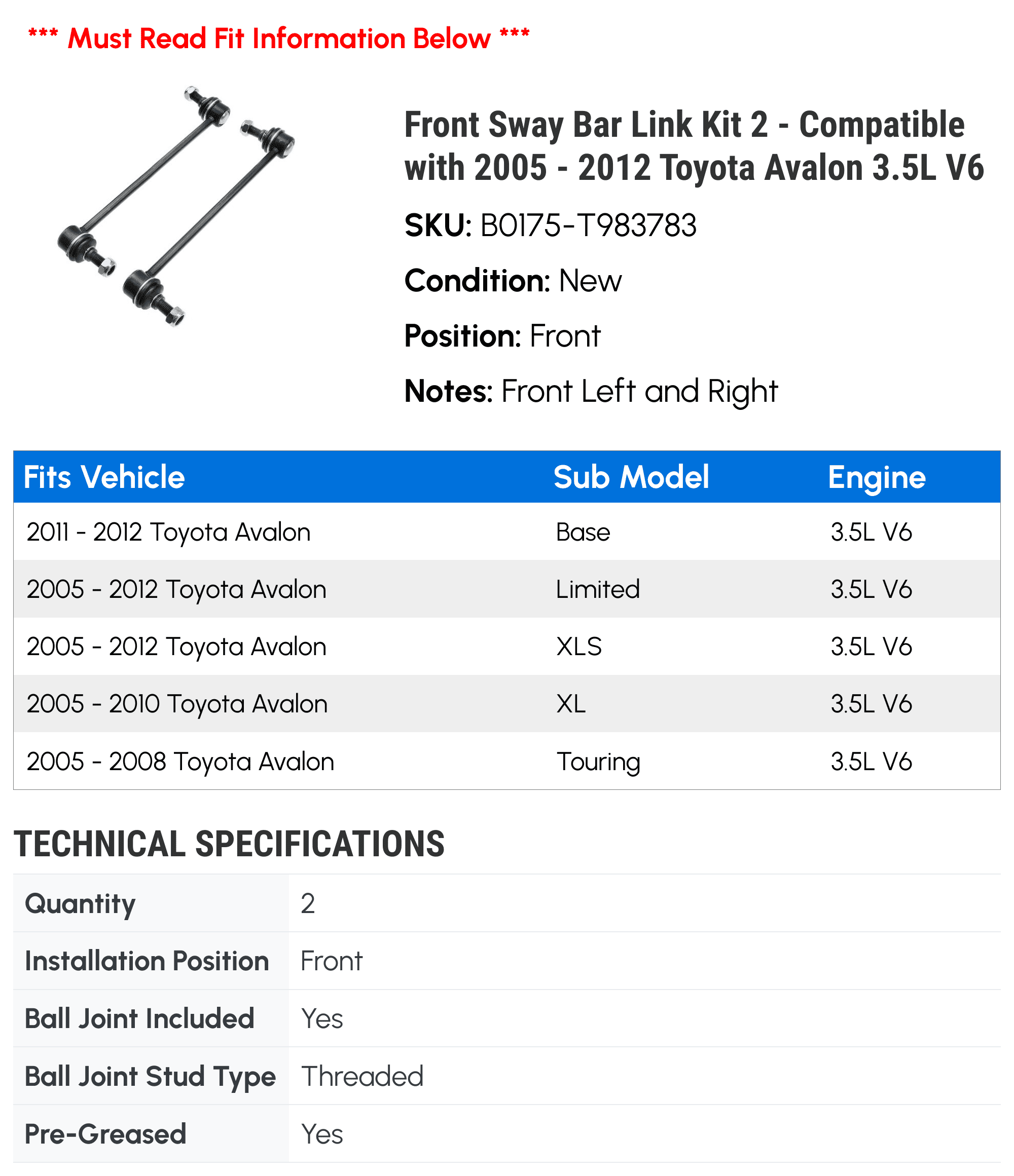 Front Sway Bar Link Kit 2 - Compatible with 2005 - 2012 Toyota Avalon 3.5L V6 - Autopart Premium