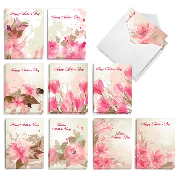 The Best Card Company 20 Assorted Blank Mother's Day Notecards Box Set 4 x 5.12 Inch with Envelopes (10 Designs, 2 Each) Summer Floral AM10326MDB-B2x10