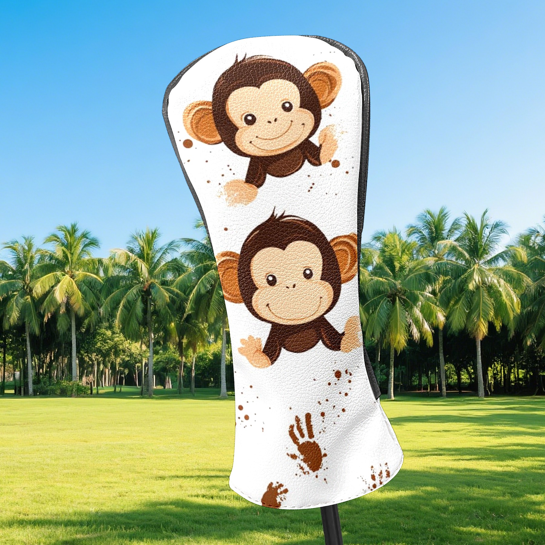 Golf Head Covers Monkey Handprint Pattern for Driver, Wood & Hybrid, Premium Waterproof PU Leather with Plush Lining, Playful Animal Golf Gifts