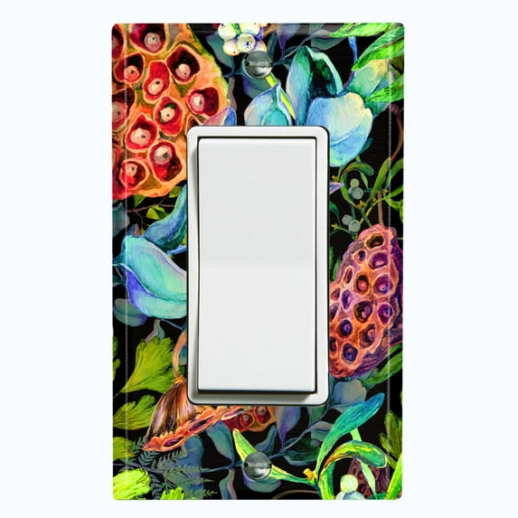 Metal Light Switch Plate Cover Red Lotus Pod Plant Leaves Green FLW023