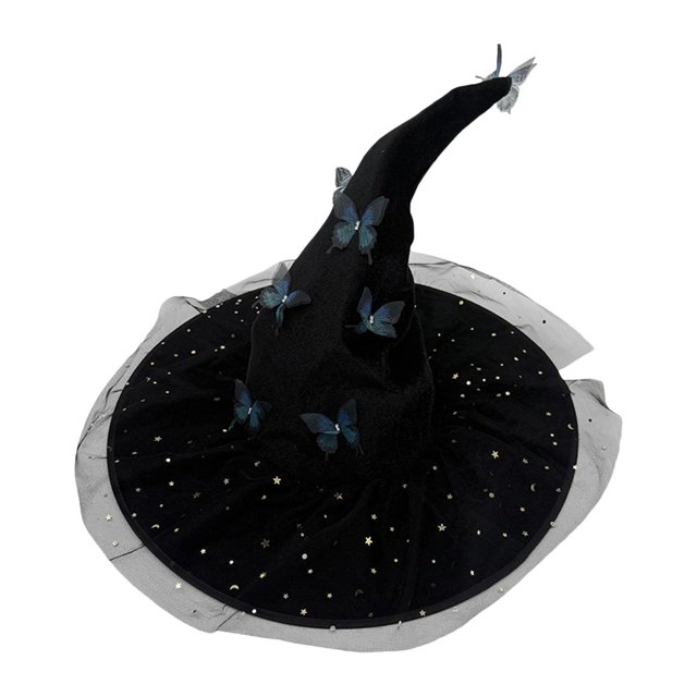 Sombrero de bruja, sombrero decorativo, tocado, disfraz, mascarada con mariposa y malla para azul
