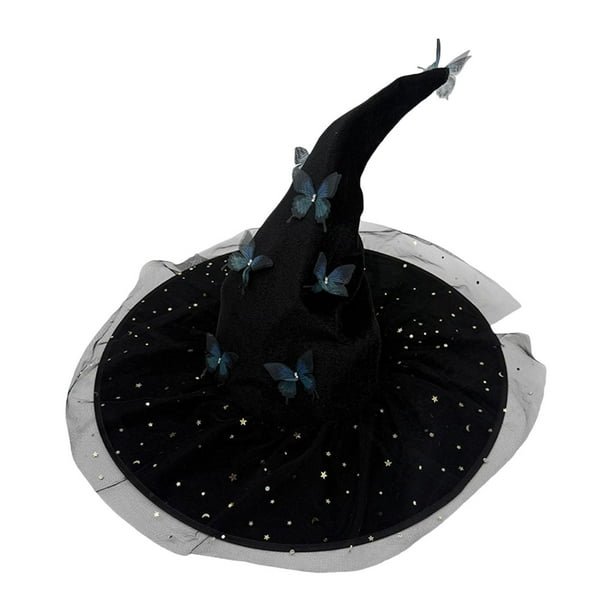 Disfraz de sombrero de bruja de Halloween con mariposa y malla para fiesta de cosplay azul