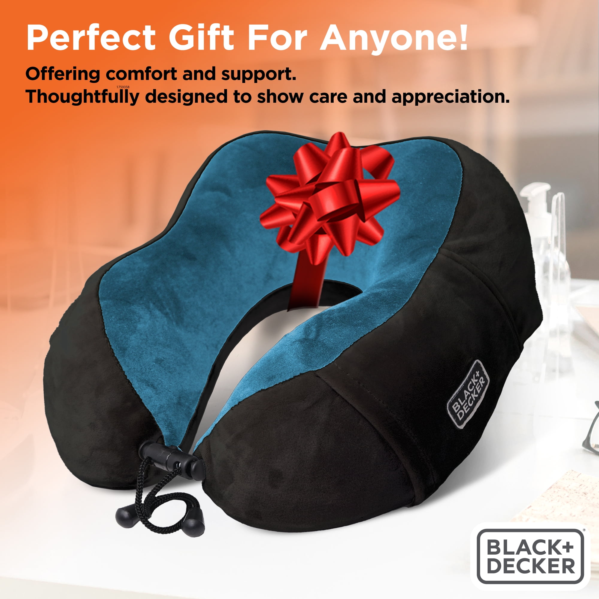BLACK+DECKER Memory Foam Neck Pillow with Phone Pocket, Ergonomic Travel Pillow, Blue