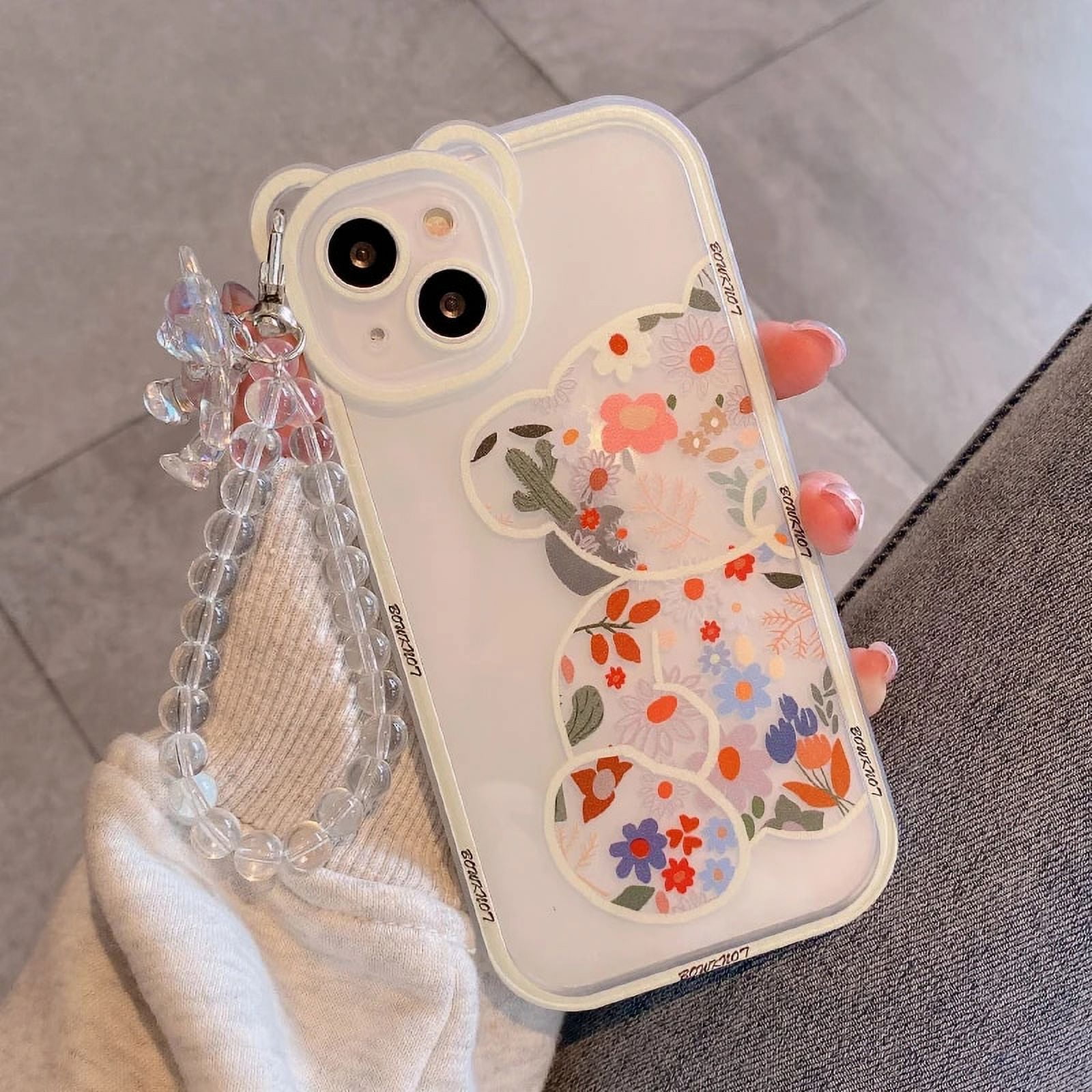 Cute 3D Bear Ear Flower Hang Phone Chain Clear Soft Case for