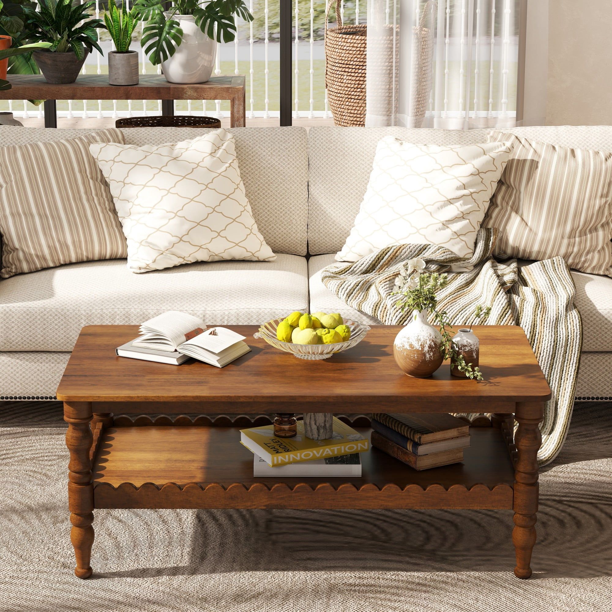 BSHTI Antique Brown 43.3” Rectangle Coffee Table with 2-Tier Design and Storage Shelf(Antique Brown)