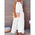 thumbnail image 5 of Women's Resort Style Ruffled Long Dress Round Neck Sleeveless Flowy Beach Dress with Pockets White Garibou S, 5 of 9