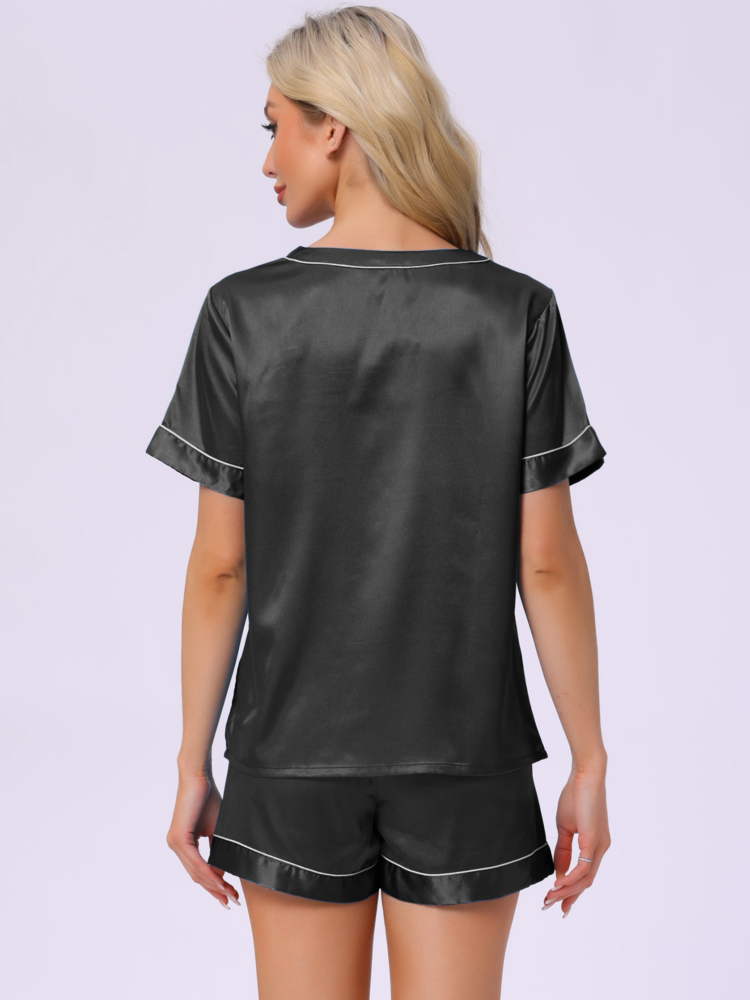 DARING DIVA Satin V Neck Elastic Waist Contrast Color Short Sleeve Set XL Black