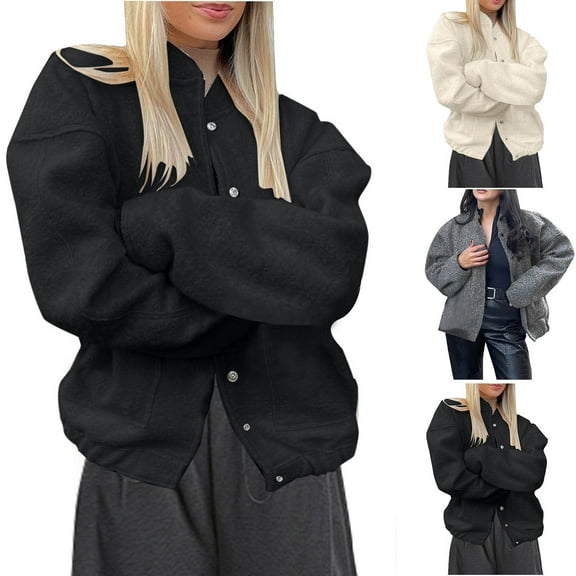 jtjvou Womens Cropped Jacket Wool Short Pea Coats Long Sleeve Button Down Winter Casual Outerwear Black L