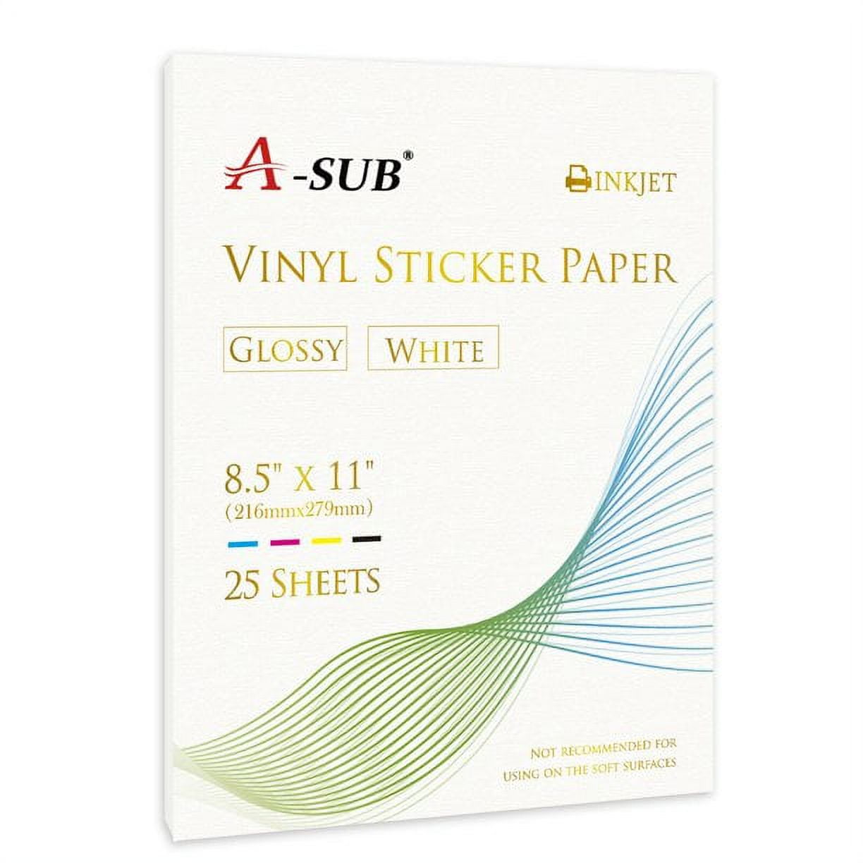 A-SUB Vinyl Sticker Paper Glossy White for Inkjet Printer 25 Sheets  Removable Printable Waterproof Sticker Paper 8.5x11 Inch for DIY Decal,  Stickers