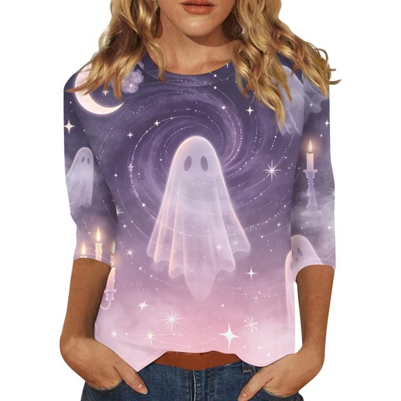 Jamsmile Women T-Shirts Halloween Ghost Print Three Quarter Length Sleeve T Shirt Casual Summer Tops Round Neck Tee Shirts