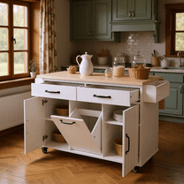 Homy Casa Kitchen Island Cart with Drop Leaf, Tilt-Out Trash Cabinet, Storage Shelves & Drawers, White