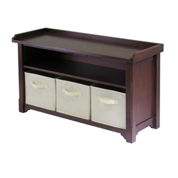 Verona Storage Bench with 3 Foldable Beige Color Fabric Baskets - Walnut