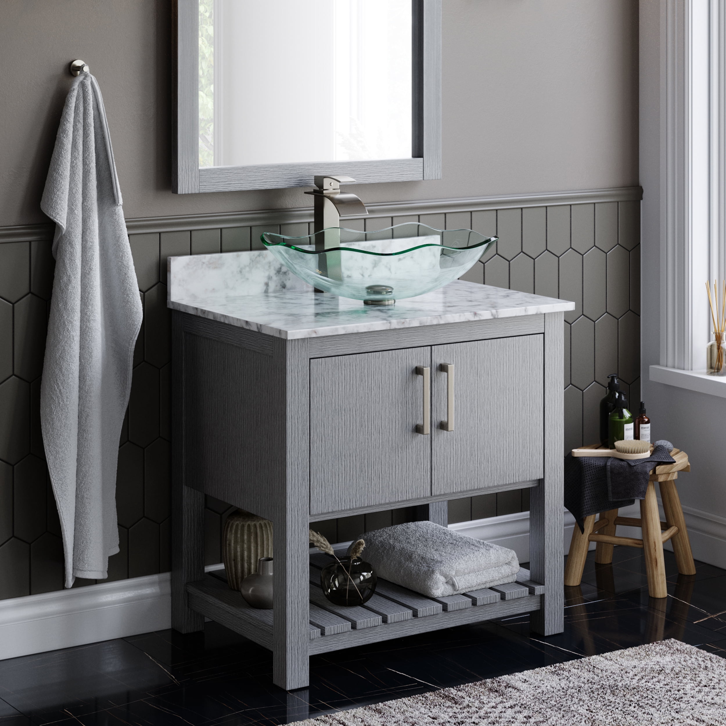 Novatto TIS-317C Elegante Clear Scalloped Glass Vessel Bath Sink, 20 Inches Wide