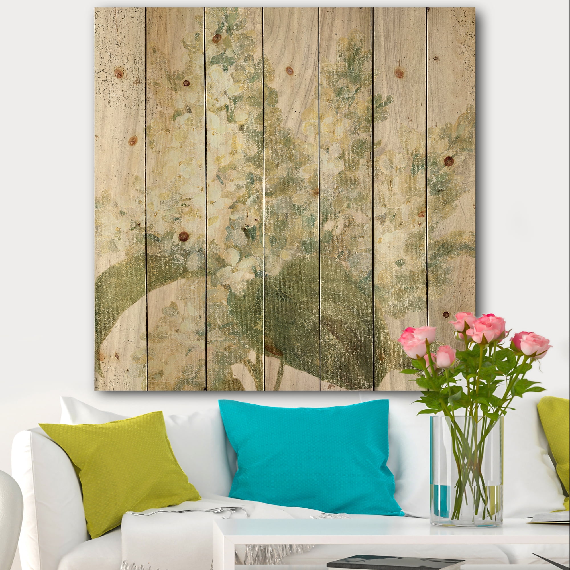 Designart 'Goauche Green Flower II' Cabin & Lodge Print on Natural Pine Wood
