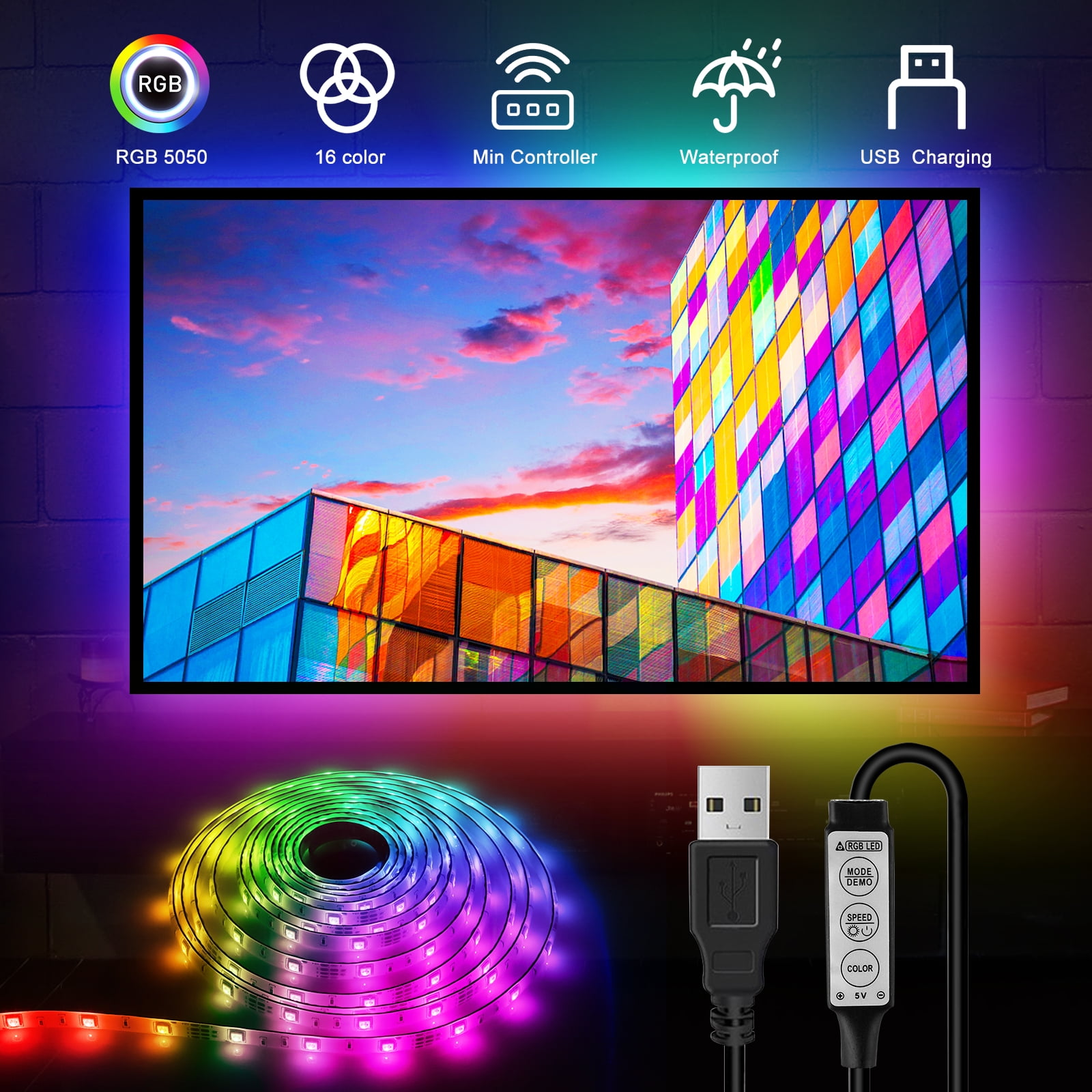 TV Backlight Light Kit 3FT/1M 5V USB LED Lights Strips 5050 RGB Bias Lighting US 