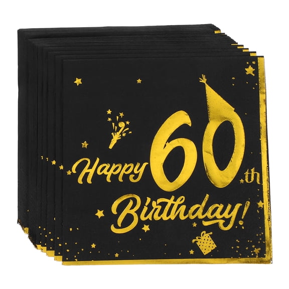 RENACLIPY Black 40pcs Foil Stamped 60th Birthday Paper Napkins Party Decor
