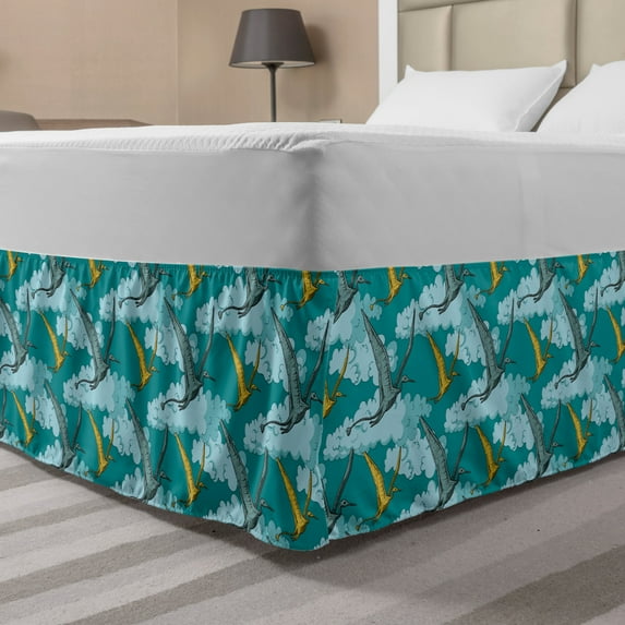 Reptile Bed Skirt, Flying Pteranodon in the Sky Jurassic Animal Prehistoric Time Habitat Print, Elastic Bedskirt Dust Ruffle Wrap Around for Bedding Decor, 4 Sizes, Blue and Teal, by Ambesonne