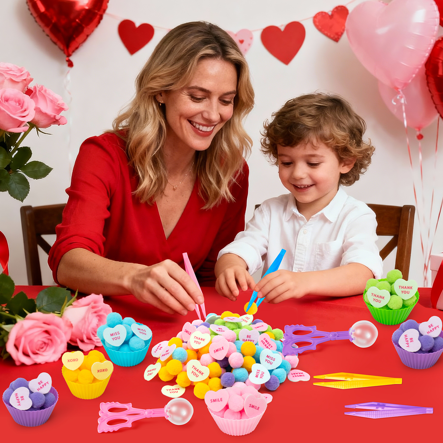 Belanttega Valentine's Day Sensory Sorting & Motor Skills Activity Heart Pompoms, Colorful Components, Family Activity Tools for Focus, Organization & Creative Play