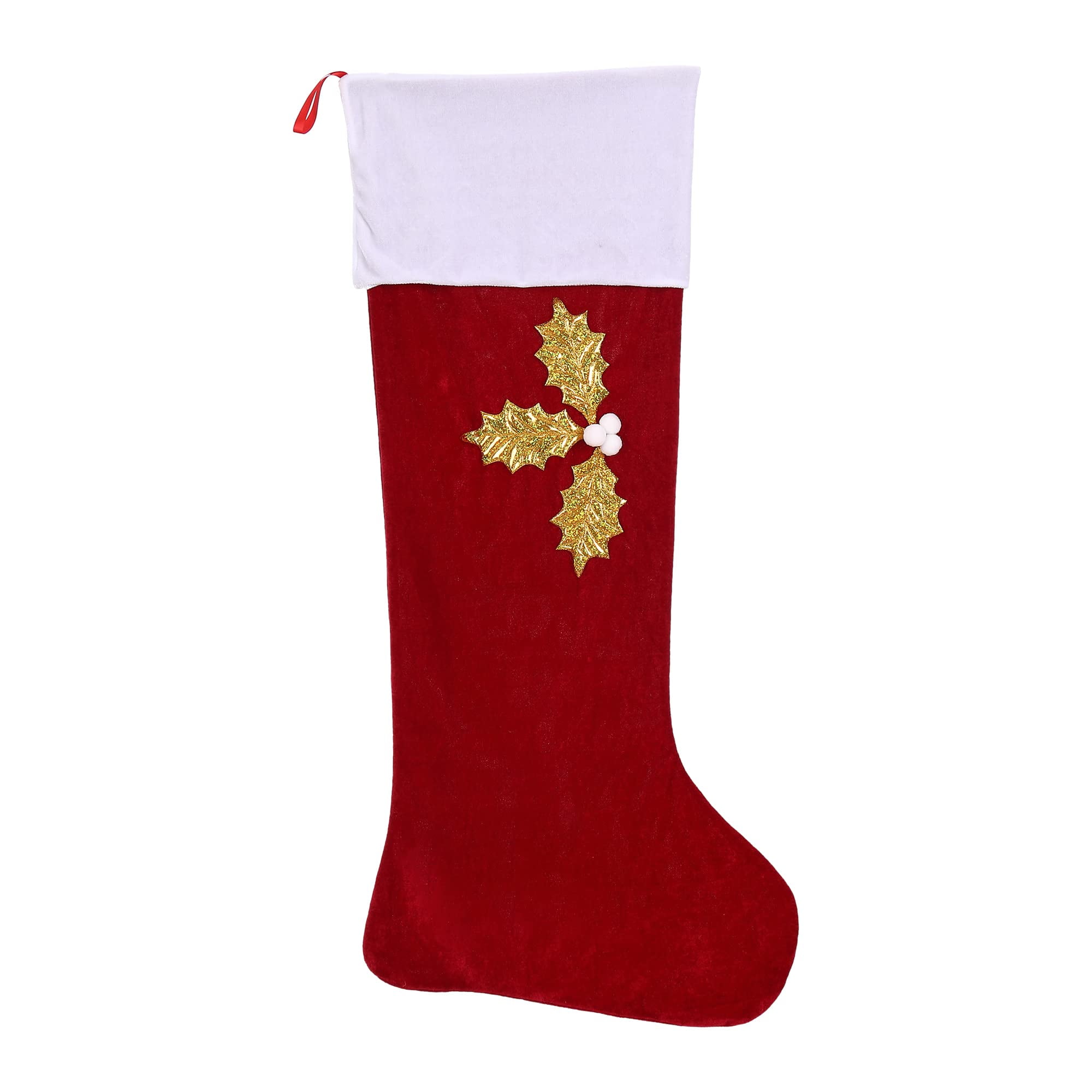Sunnywood Christmas Stockings Gift Bag Holder Set of 4 Extra Large Red Velour Golden Hollies Stockings
