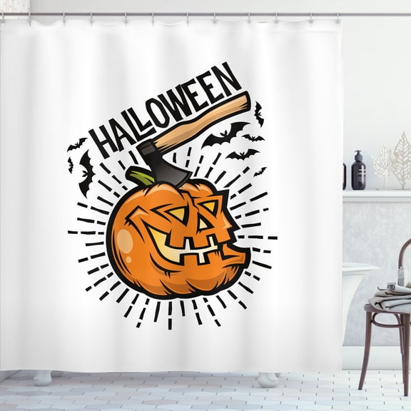 Ambesonne Halloween Shower Curtain, Scary Pumpkin with Bats, 69"Wx75"L, White Orange Dark Grey