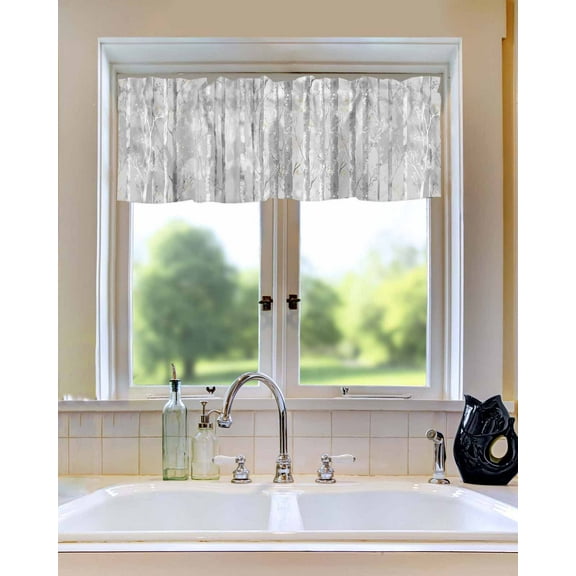 Curtain Valance for WindowsAbstract Forest Tree Oil Painting Kitchen Valances Rod Pocket Short Curtains,White Grey Artwork Window Treatment Panel for Living Room Bathroom Bedroom