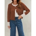 thumbnail image 4 of Women'S Cropped Cardigan Sweaters Fall Long Sleeve Open Front Button Down Color Block Knit Outwear Coats Coffee Color M, 4 of 8