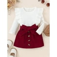 thumbnail image 2 of hirigin Baby Girl Autumn Clothes Set, Solid Ribbed Long Sleeve Ruffled Pullover + A-Line Skirt with Bow Belt, 2 of 8
