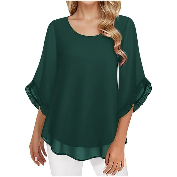 Chbgutlmr 3/4 Length Sleeve Womens Tops Ruffle Double Layer Casual Blouses Solid Color Crewneck Flowy Tops