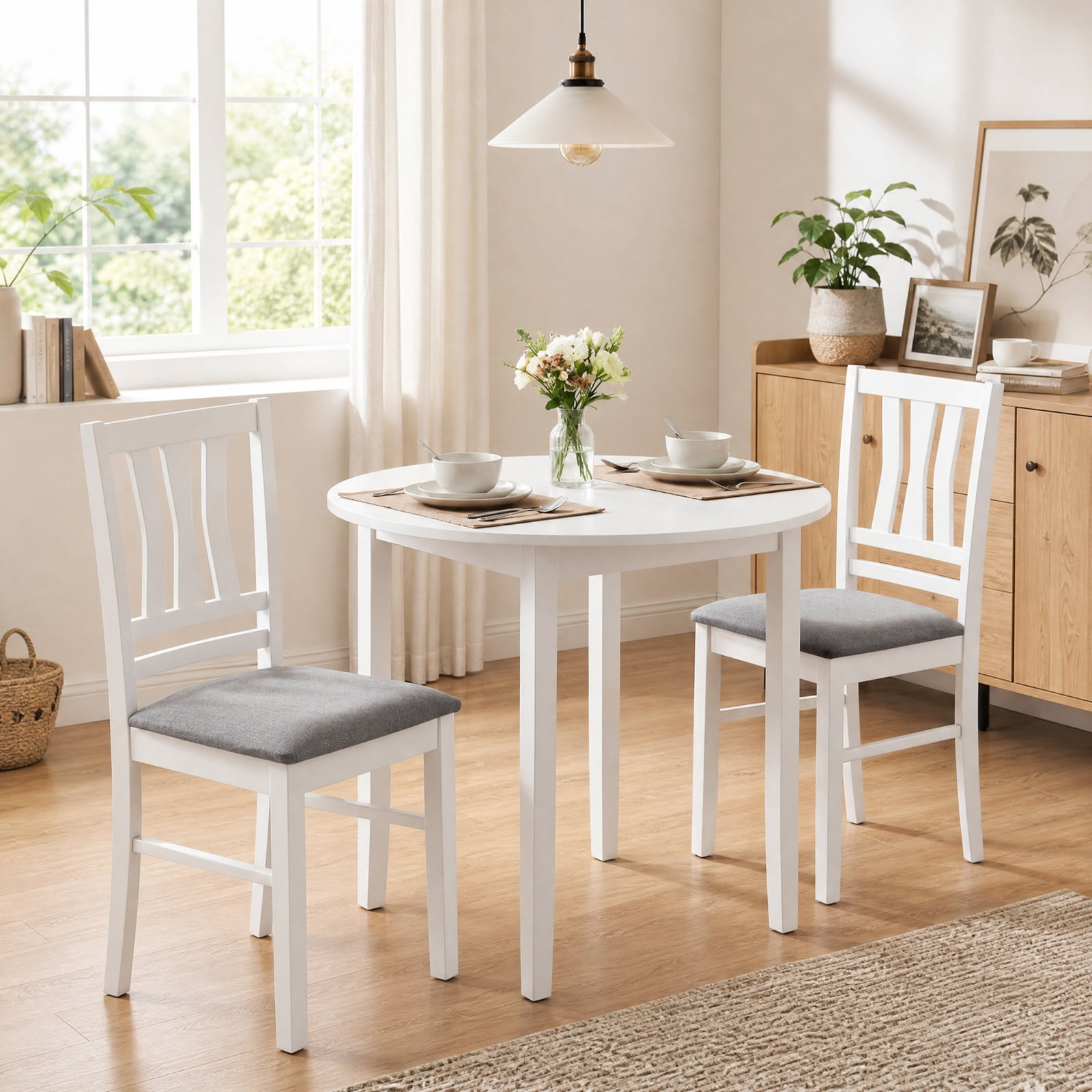 Furnibear Set of 2 Linen Style Upholstered Kitchen Chairs with Slatted Backrest and Rubber Wood Frames for Dining Room, White